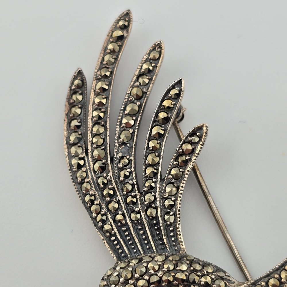 Vintage 925 Sterling Silver Marcasite Hummingbird Brooch Pin - Picture 5 of 13